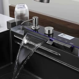 Détail cascade en pluie, distributeur de détergent et rince-verres