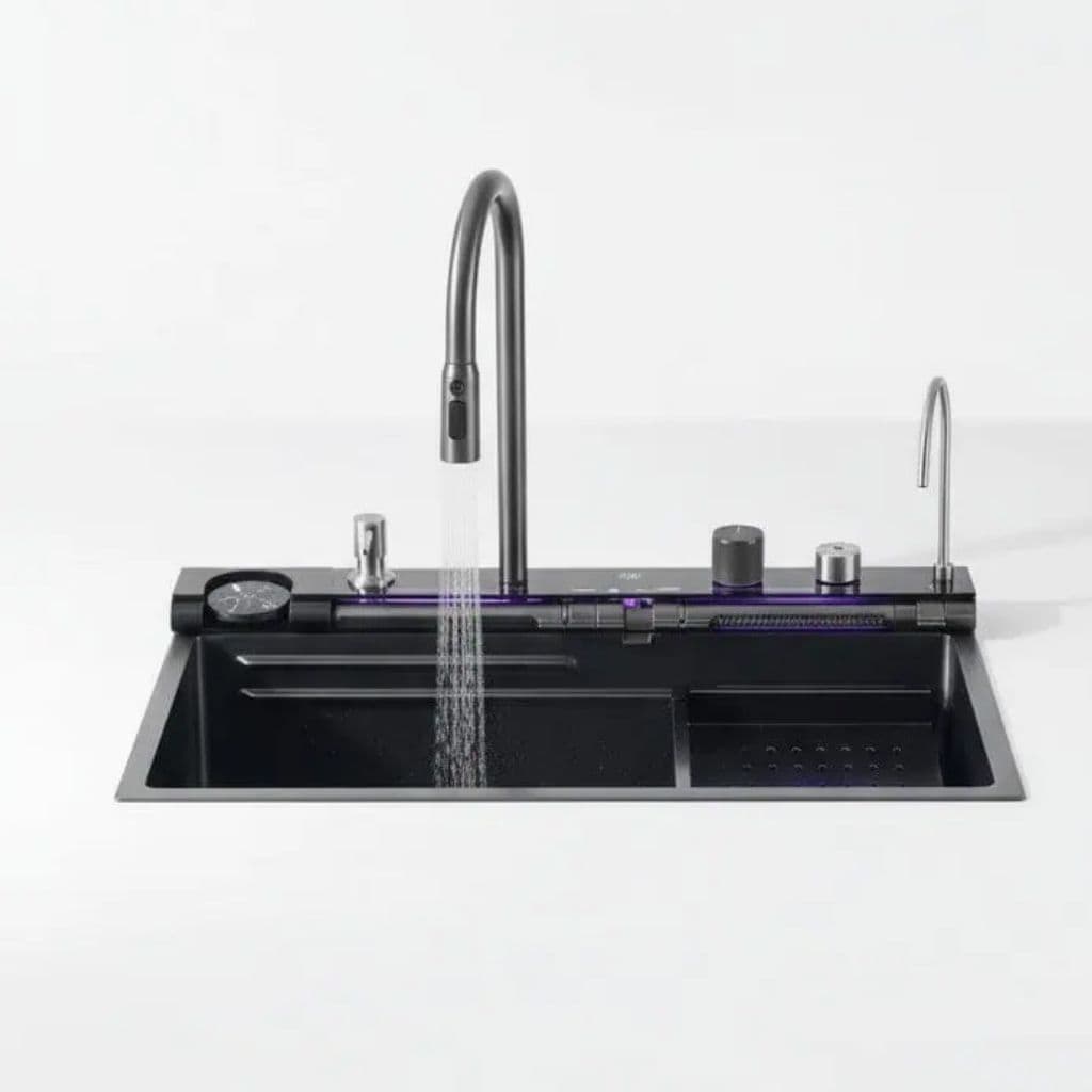 Détail panneau central — jet, verres, distributeur, raccord eau potable