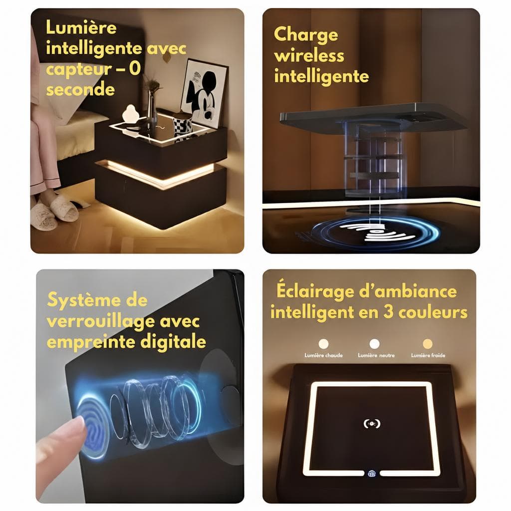 Recharge sans fil sur le plateau de la table de chevet