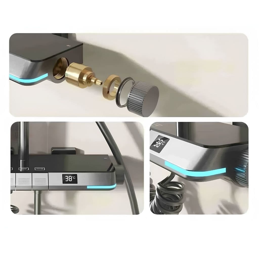 Détail écran LED 38°C — alimenté exclusivement par l'eau