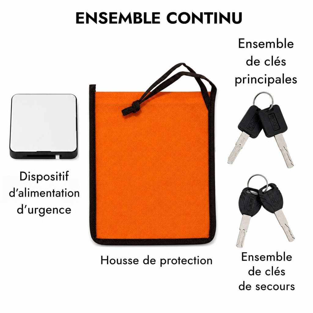 Contenu du pack INEO SF02 — batterie de secours, housse pour clés, clé d'accès et de secours, vis de fixation