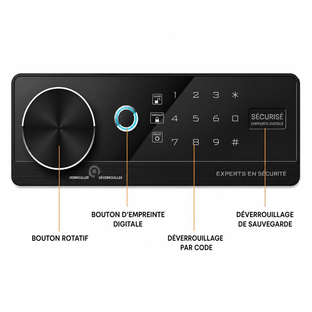 Panneau de commande — bouton rotatif, empreinte, code, secours