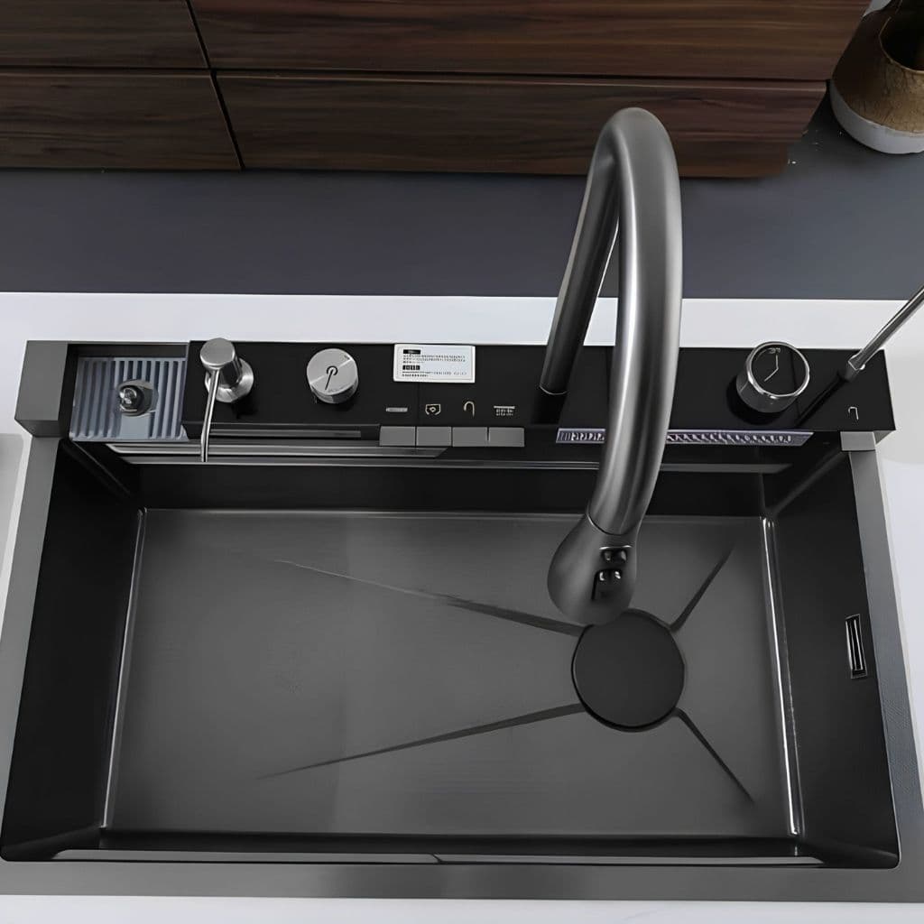 Panneau central noir — écran LED, distributeur, rince-verres