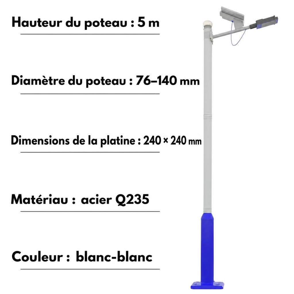 Dimensions — hauteur 5 m, diamètre 76–140 mm, platine 240 × 240 mm, acier Q235