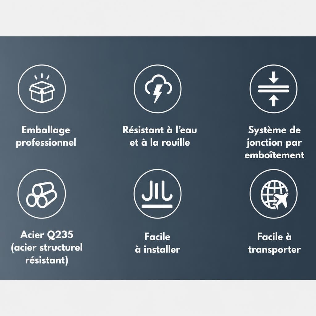 Caractéristiques principales — emballage professionnel, résistant à l'eau et à la rouille, assemblage par vissage